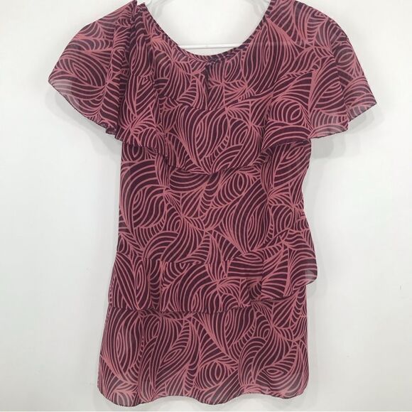 MICHAEL Michael Kors Pink Maroon Geometric Leaf Print Tiered Blouse - Picture 7 of 15